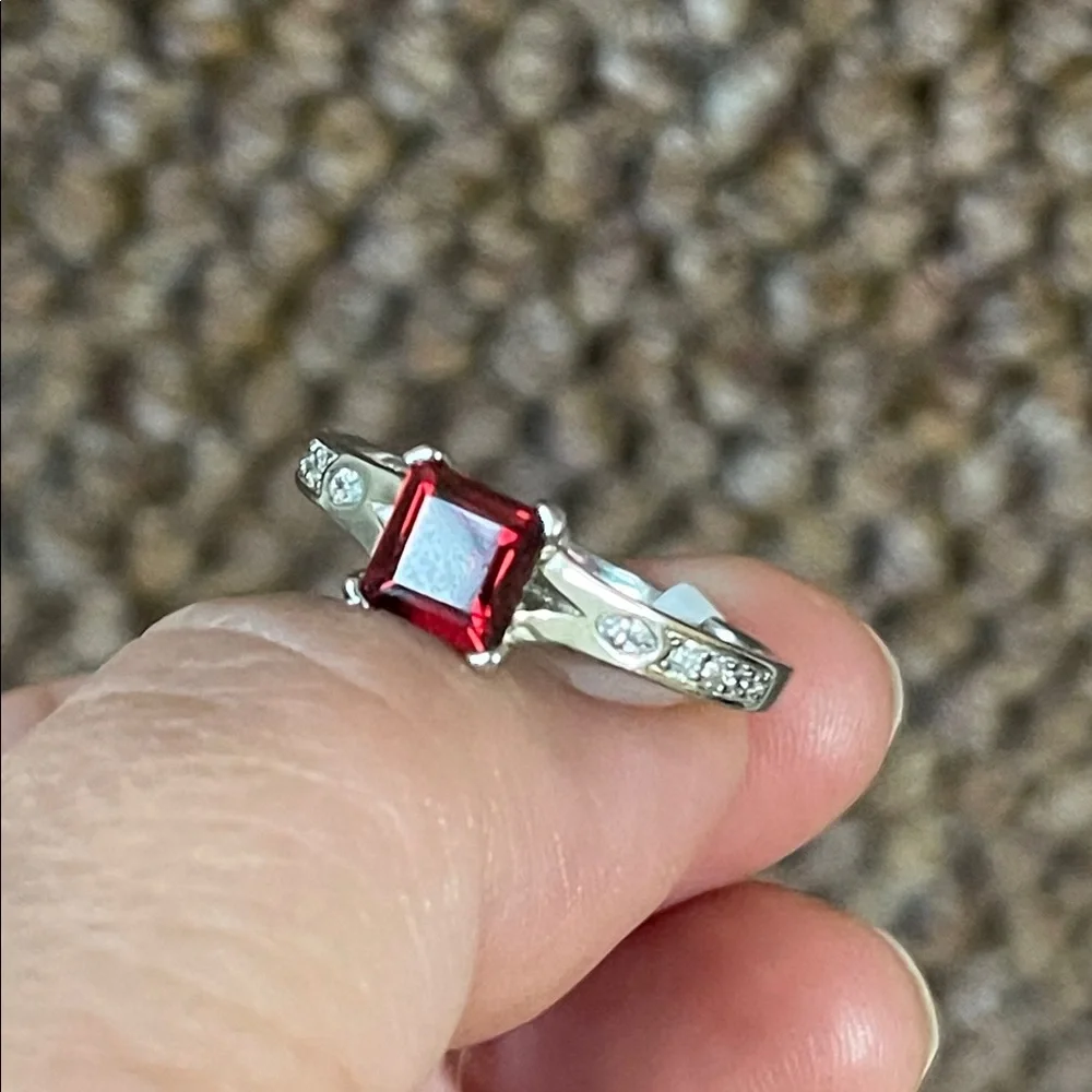 Natural Red Garnet & Sterling Silver Ring, Size 10